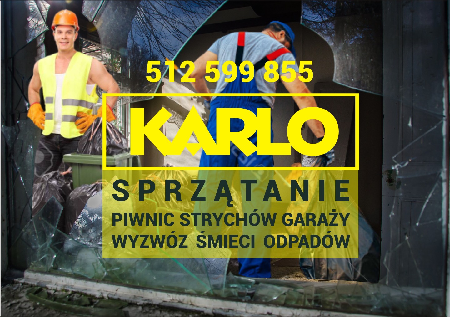 Grafika reklamowa z dwoma pracownikami, jeden w pomarańczowym kasku i kamizelce odblaskowej stoi obok worków na śmieci i zielonego kosza, drugi w niebieskim ubraniu pracuje w tle, widoczne rozbite...