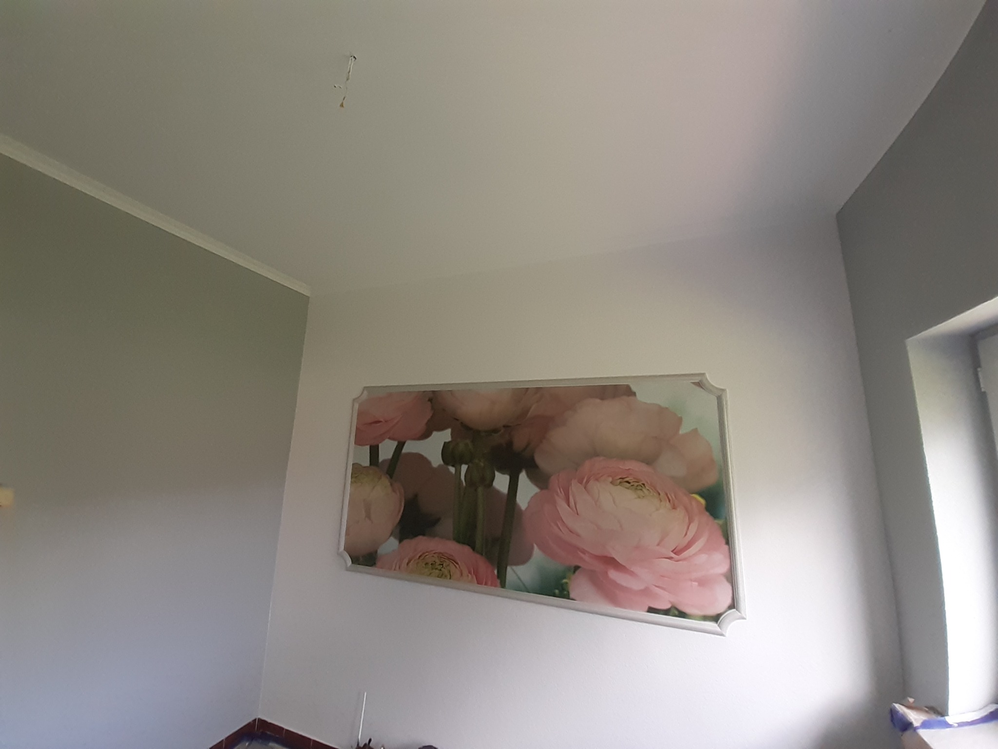 Świeżo pomalowane wnętrze z dekoracyjnym obrazem kwiatowym na ścianie, widoczny fragment listwy przypodłogowej i okna.