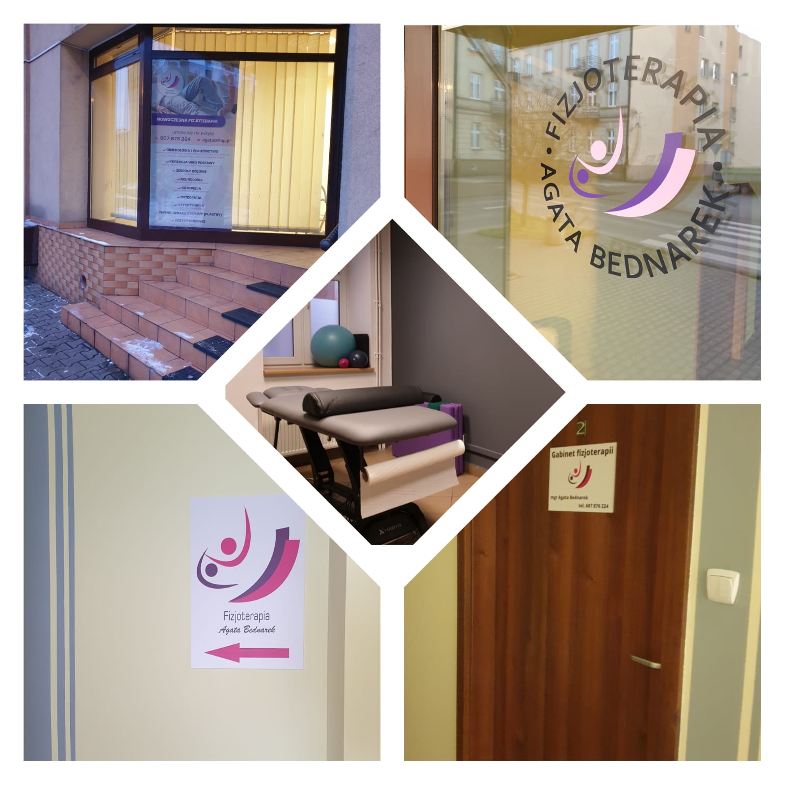 Mozaika zdjęć przedstawiająca wejście do gabinetu, logo na szybie, wnętrze z leżanką rehabilitacyjną, oraz tabliczkę informacyjną o gabinecie.