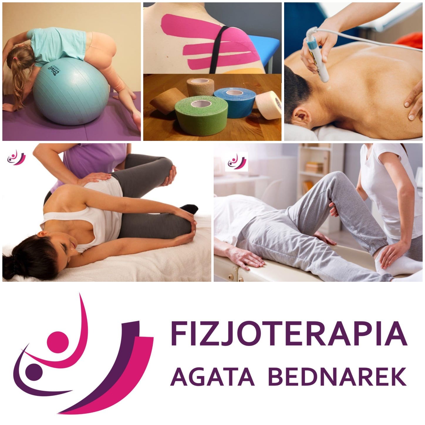Montaż zdjęć prezentujący ćwiczenia na piłce rehabilitacyjnej, aplikację kinesiotapingu, ultradźwięki na plecach oraz mobilizację stawu skokowego i biodra, uzupełnione logo firmy.