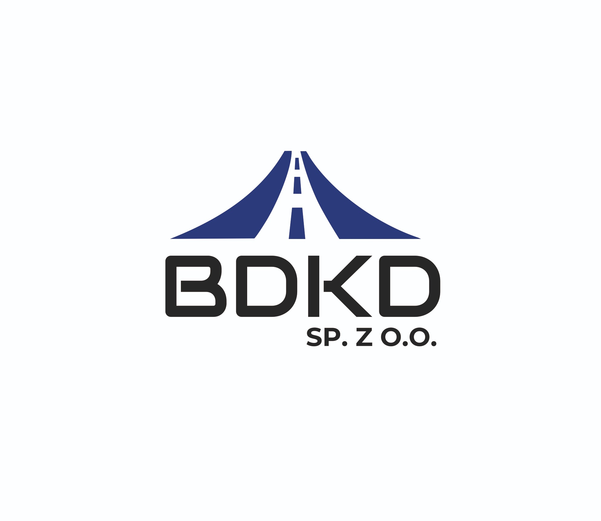 Logo firmy BDKD Sp. z o.o. z motywem drogi w kolorze granatowym na białym tle.
