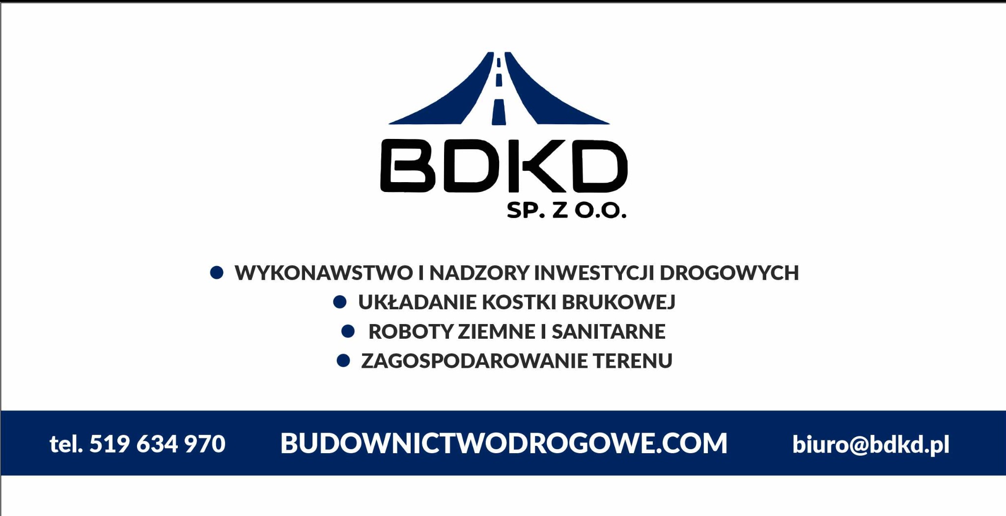 Logo firmy BDKD Sp. z o.o. z symbolem drogi, oferującej wykonawstwo i nadzory inwestycji drogowych, układanie kostki brukowej, roboty ziemne i sanitarne oraz zagospodarowanie terenu. Kontakt...