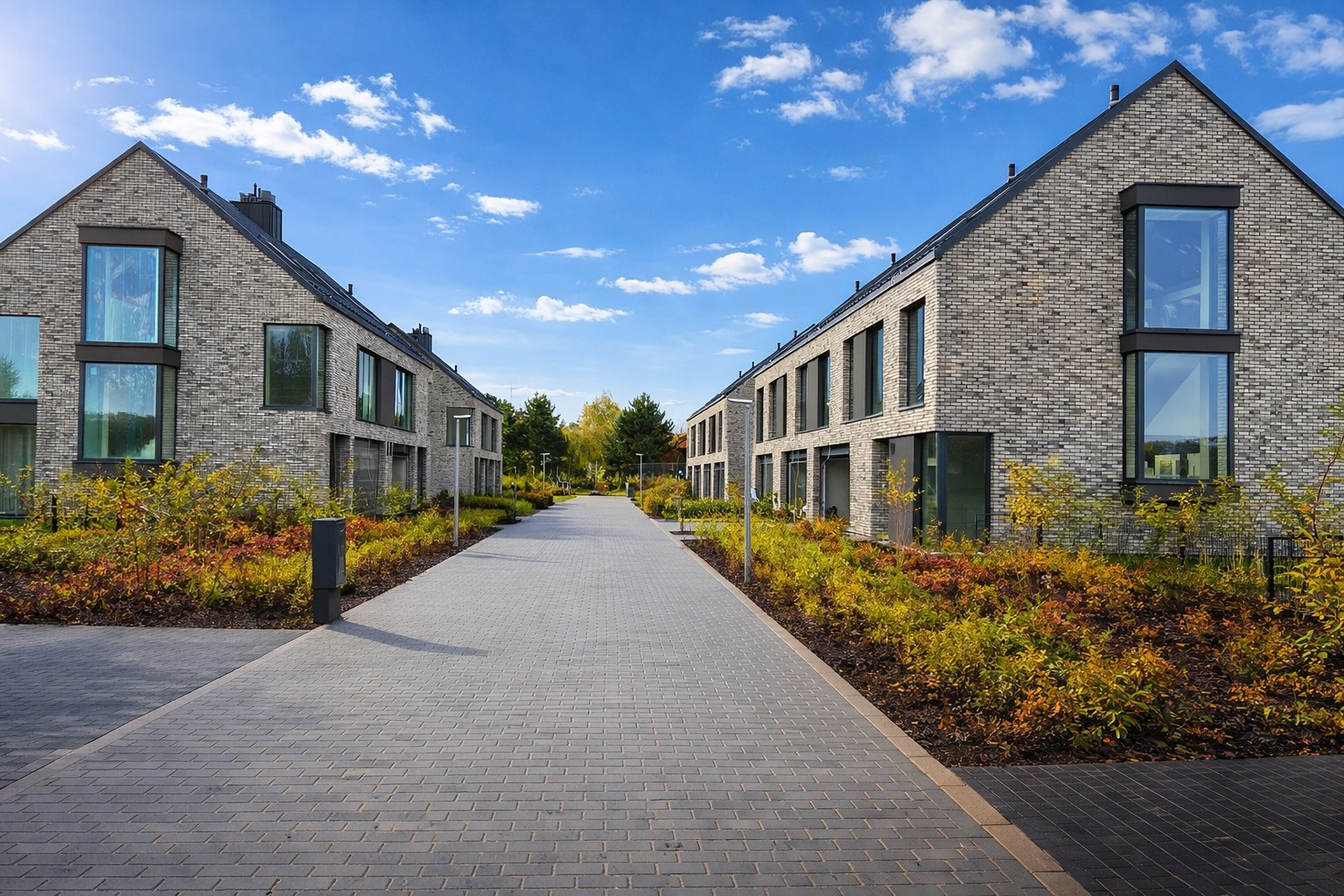 Osiedle domów z szarej cegły z brukowaną drogą i zielenią. Widok w perspektywie, błękitne niebo z chmurami w tle. Prestiżowa inwestycja.