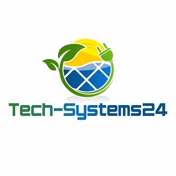 Graficzne logo firmy Tech-Systems24 przedstawiające słońce, panel fotowoltaiczny i wtyczkę elektryczną w kształcie kuli z liściem.
