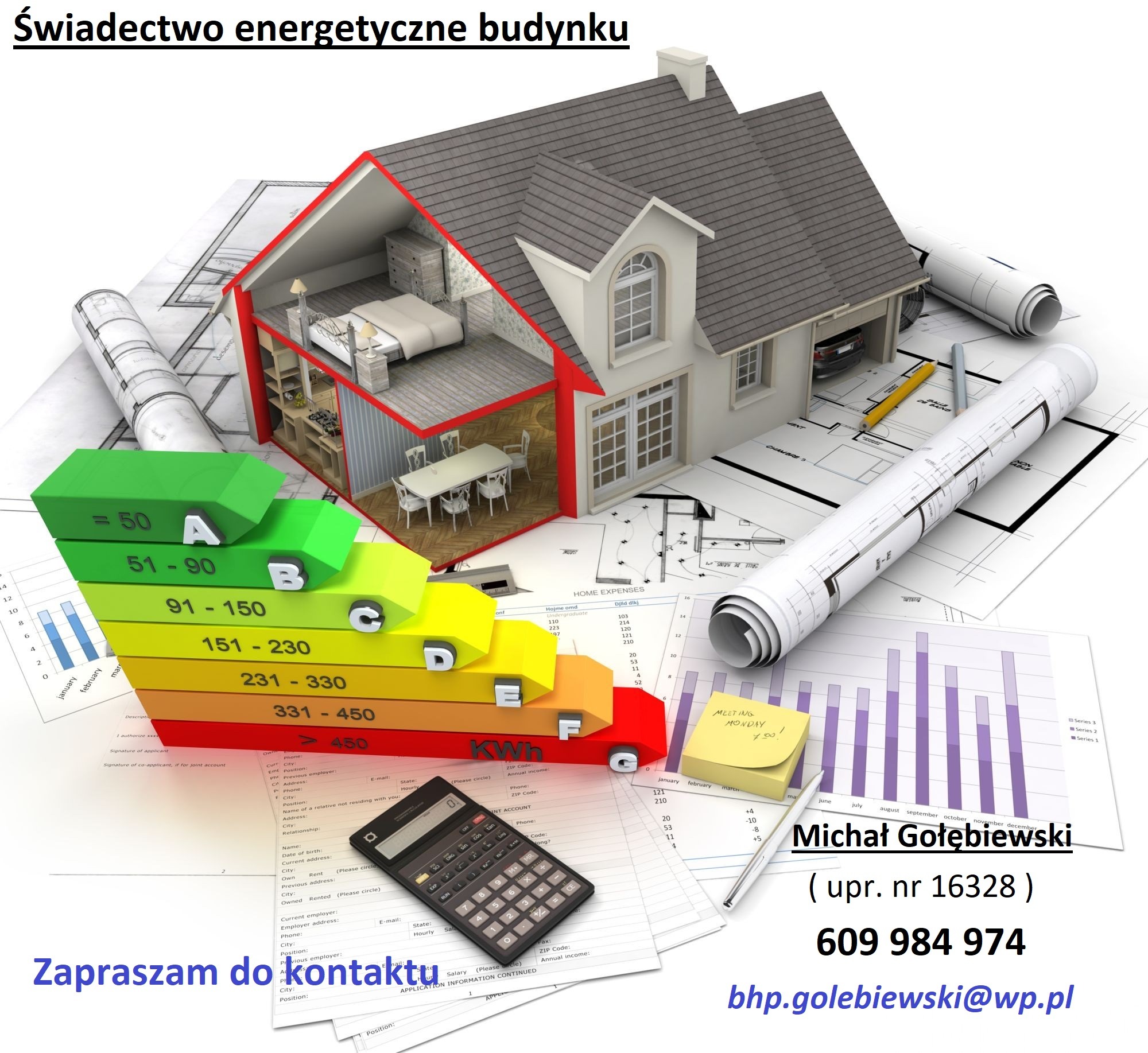 Wizualizacja świadectwa energetycznego budynku, przekrój domu z naniesionymi danymi, kalkulator, wykresy i plany architektoniczne w tle.