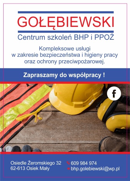 Ulotka reklamowa centrum szkoleń: kask ochronny, kamizelka odblaskowa, okulary ochronne i słuchawki na drewnianym stole.