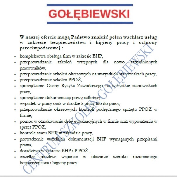 Oferta firmy Gołębiewski w zakresie bezpieczeństwa i higieny pracy, obejmująca szkolenia BHP, PPOŻ, ocenę ryzyka zawodowego, dokumentację powypadkową, kontrole i doradztwo.