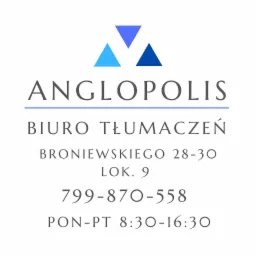 Logo biura tłumaczeń Anglopolis z trzema trójkątami w odcieniach niebieskiego, adresem Broniewskiego 28-30 lok. 9 oraz numerem telefonu 799-870-558 i godzinami pracy poniedziałek-piątek 8:30-16:30.