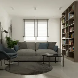 Nowoczesny salon z szarą sofą, okrągłym dywanem, regałem na książki i fototapetą z motywem pejzażu za designerskim fotelem.