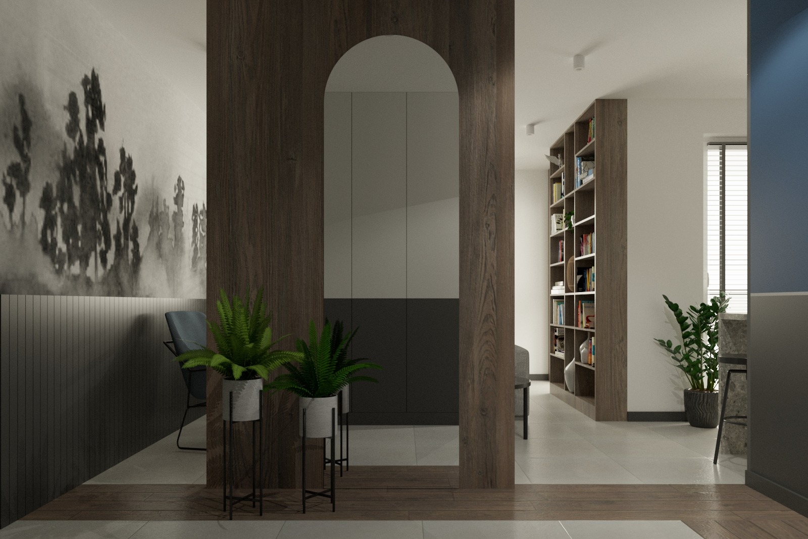 Nowoczesne wnętrze z drewnianą zabudową: minimalistyczna szafa z łukowym otworem, rośliny doniczkowe na metalowych stojakach, ściana z grafiką w stylu tuszu, regał z książkami w tle.