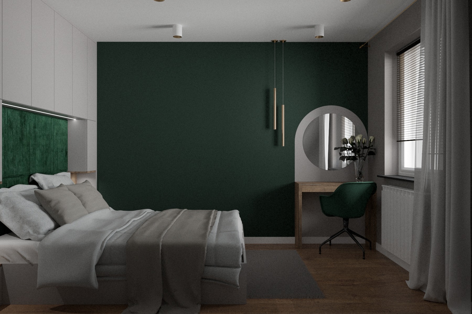 Sypialnia w odcieniach zieleni i szarości z łóżkiem, toaletką z okrągłym lustrem, zielonym krzesłem i minimalistycznym oświetleniem.