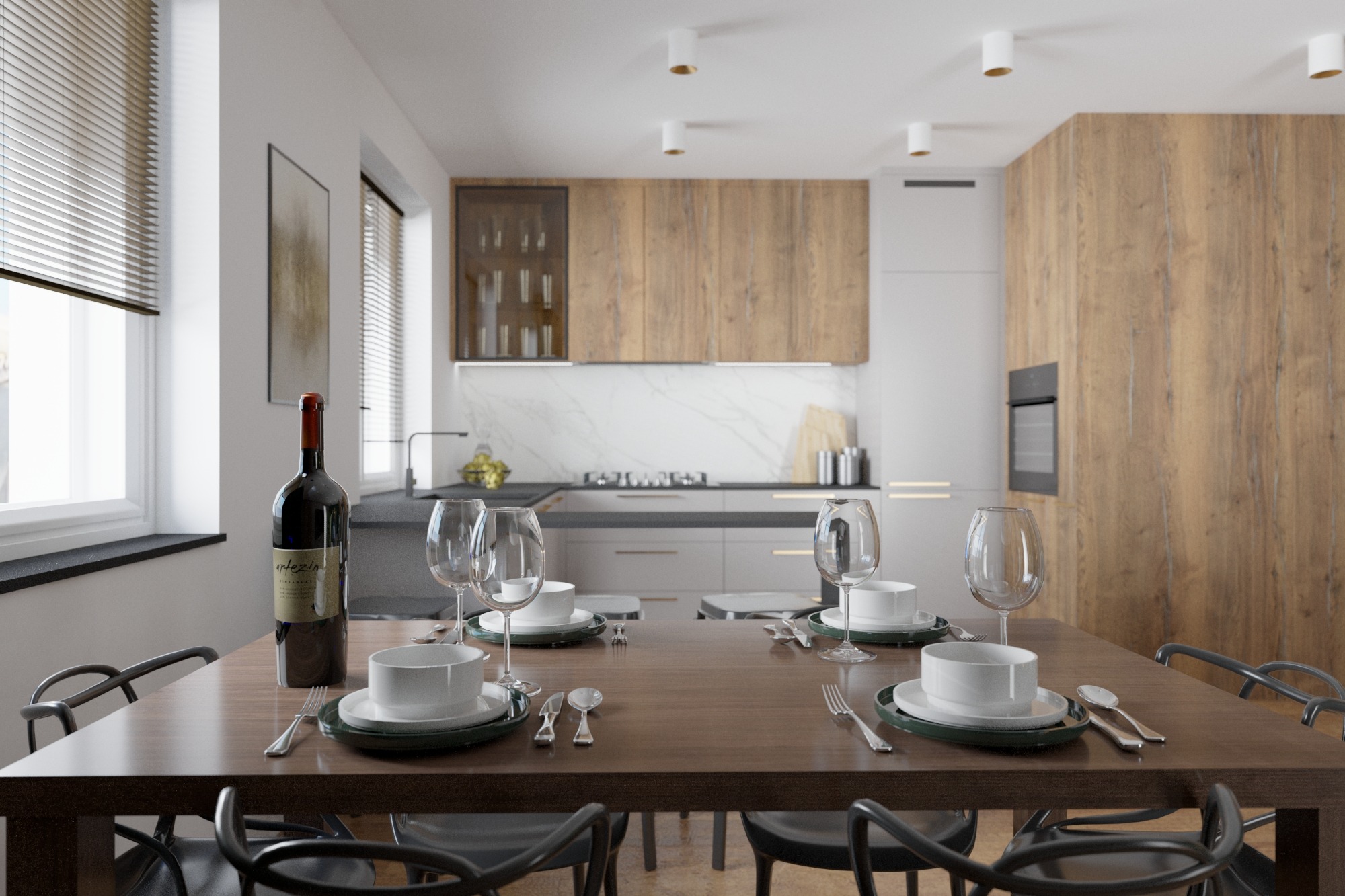 Nakryty stół w nowoczesnej kuchni z drewnianymi frontami i marmurowym blatem, butelka wina Artezin Cabernet Sauvignon na stole.