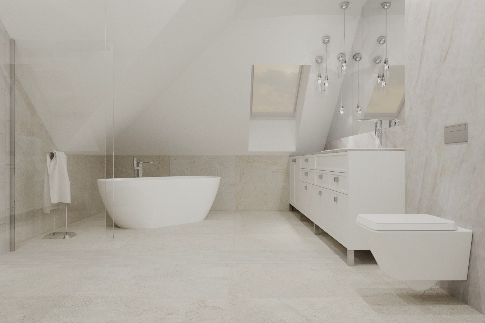 Jasna łazienka na poddaszu z wolnostojącą wanną, szafką umywalkową z szufladami, wiszącą toaletą i szklaną kabiną prysznicową, oświetlona wiszącymi lampami z żarówkami dekoracyjnymi.