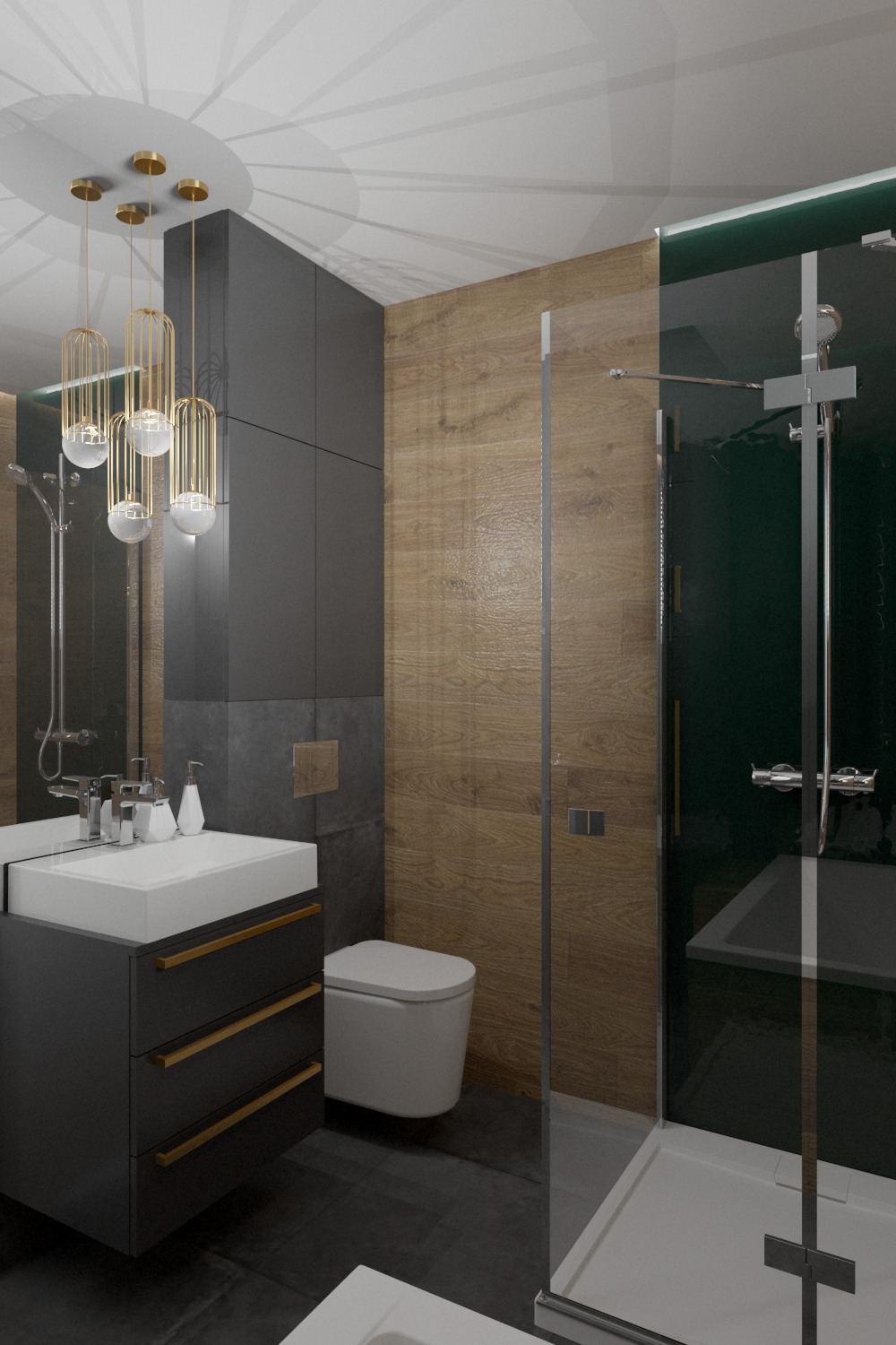 Nowoczesna łazienka z drewnopodobnymi płytkami, szarą zabudową umywalki z trzema złotymi uchwytami, kabiną prysznicową ze szklanymi drzwiami i złotymi akcentami oraz wiszącymi lampami w złotych...