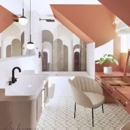 Wizualizacja łazienki w odcieniach beżu i terakoty, z wzorzystą tapetą w łuki, minimalistyczną armaturą i okrągłym krzesłem na tle wanny.
