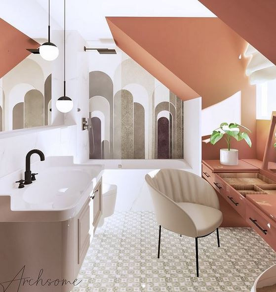 Wizualizacja łazienki w odcieniach beżu i terakoty, z wzorzystą tapetą w łuki, minimalistyczną armaturą i okrągłym krzesłem na tle wanny.