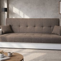 Bersky - Rozkładana sofa z brązową tapicerką i białymi bokami, uzupełniona poduszkami. Na stoliku kawa i dekoracje, w tle betonowa ściana i regał z książkami.