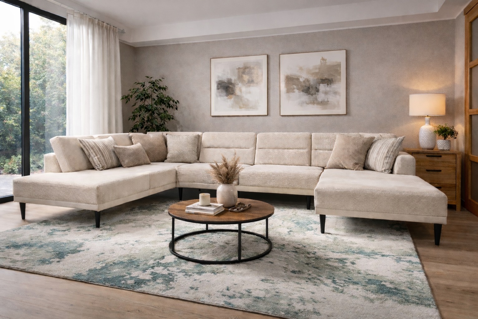 Beżowy, modułowy narożnik z tkaniny w prążki, z poduszkami i niskim stolikiem kawowym na tle jasnego salonu z obrazami i roślinami doniczkowymi.