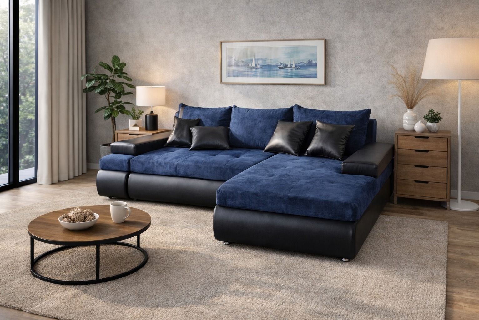 Narożnik tapicerowany w odcieniach granatu i czerni, z poduszkami ze skóry ekologicznej, na tle salonu z drewnianym stolikiem kawowym i szafką nocną.