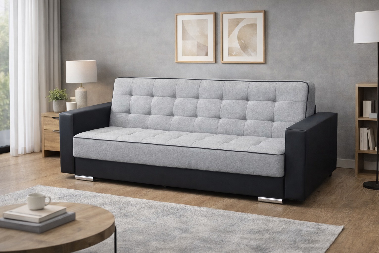 Rozkładana sofa z szarym, pikowanym siedziskiem i czarnymi bokami, na tle szarej ściany z obrazami. Na pierwszym planie stolik kawowy i dywan.