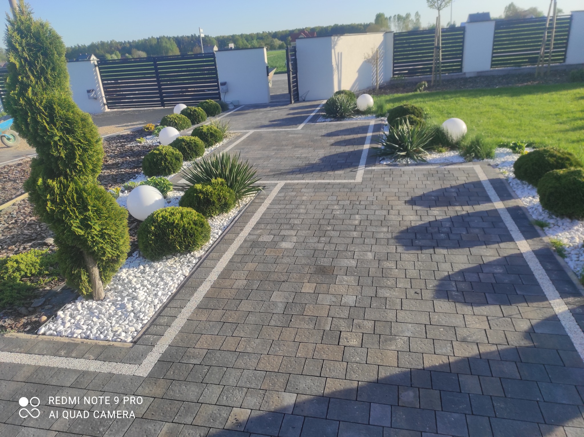 Ułożona kostka brukowa w odcieniach szarości tworząca ścieżkę w ogrodzie, obrzeża z białego grysu, ozdobne krzewy kuliste i tuje, białe kule-lampy ogrodowe, nowoczesne ogrodzenie w tle.