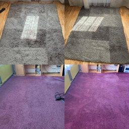 Zdjęcia z prania dywanów przed i po. Jasność mebli dookoła przez światło słoneczne:)