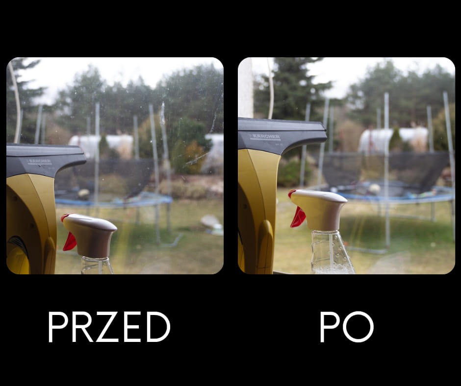 Porównanie okna przed i po czyszczeniu, widoczny spryskiwacz i myjka Kärcher, w tle ogród z trampoliną.