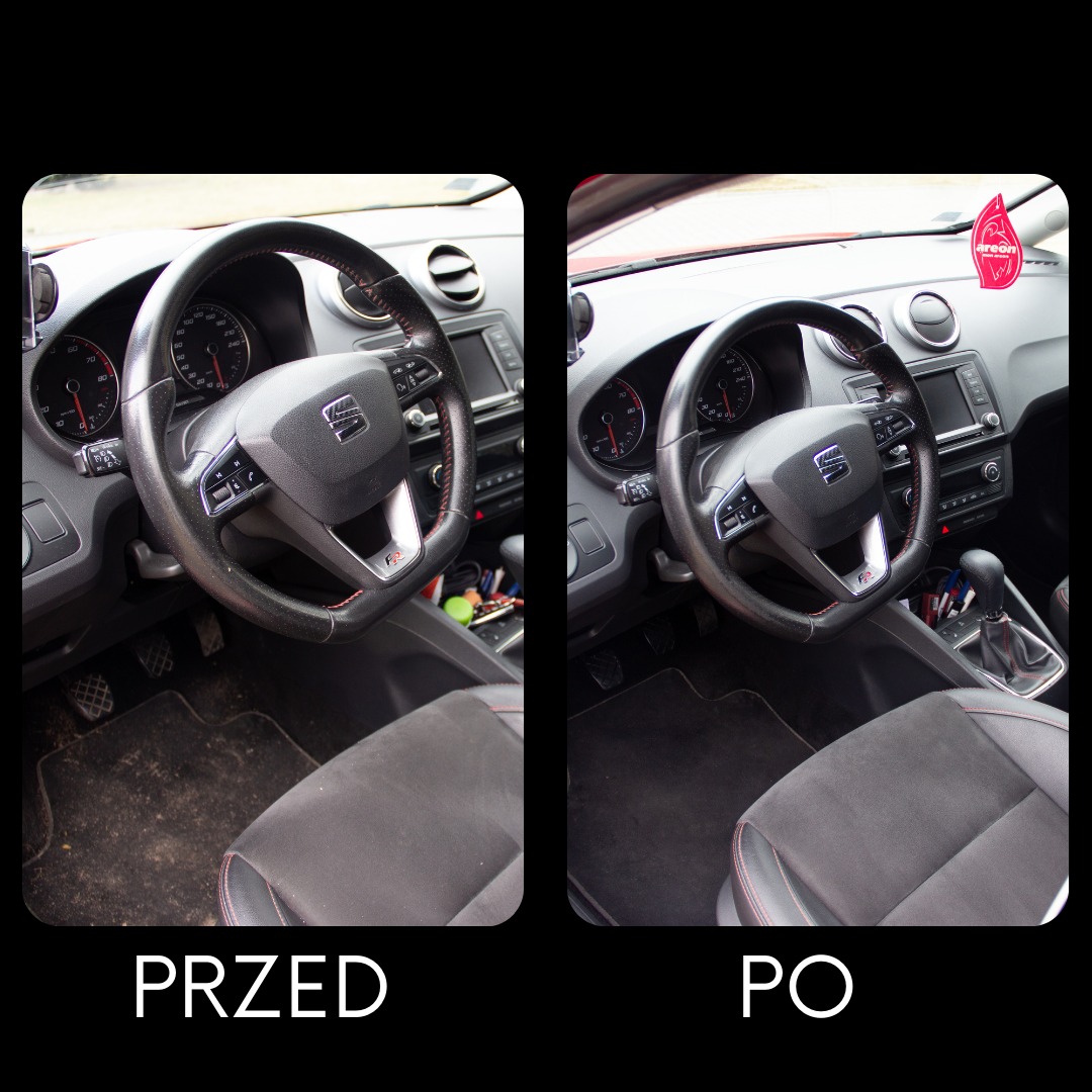 Porównanie wnętrza samochodu Seat Ibiza FR: przed i po czyszczeniu. Widoczna brudna tapicerka i dywaniki po lewej stronie oraz czyste po prawej. Kierownica z czerwonymi przeszyciami.