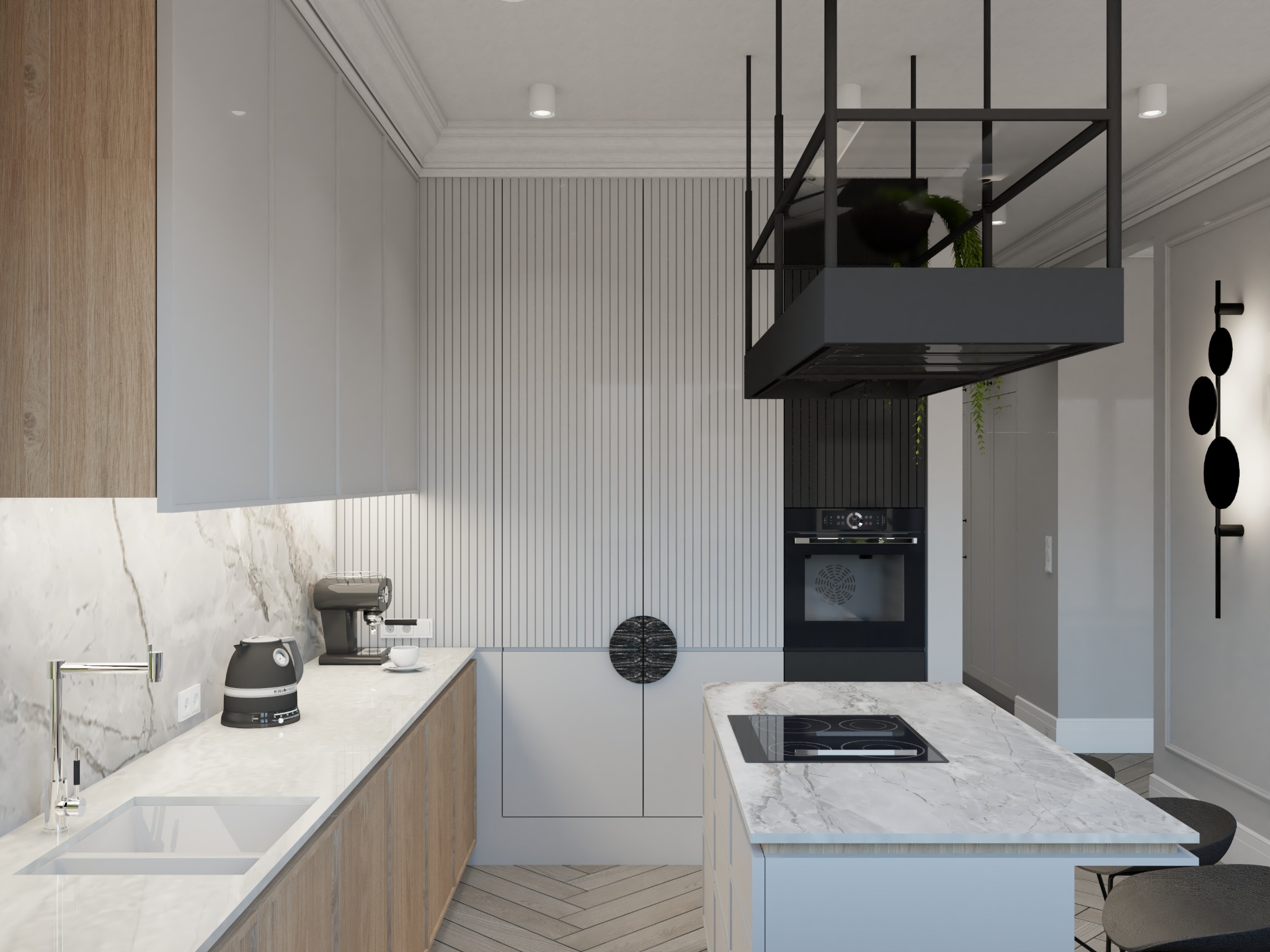 Nowoczesna kuchnia z marmurowym blatem, drewnianymi szafkami, czarną armaturą i wyspą kuchenną z płytą indukcyjną, oświetlona punktowymi lampami sufitowymi, z ozdobnym panelem ściennym i wiszącą...