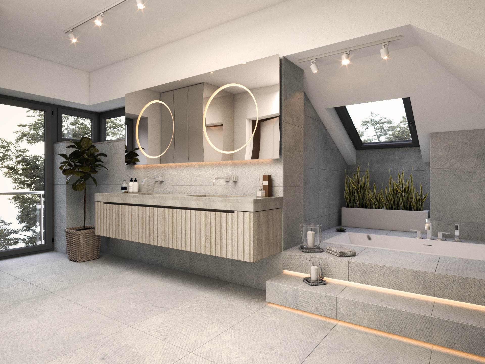 Nowoczesna łazienka na poddaszu z wanną na podeście z podświetleniem LED, umywalką z szafką o ryflowanych frontach i okrągłymi lustrami z podświetleniem, duże okno z widokiem na drzewa.