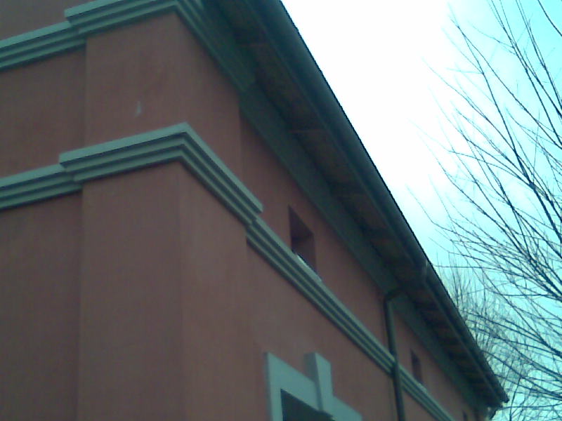 Fragment elewacji budynku z dekoracyjnymi elementami architektonicznymi i widocznym fragmentem dachu oraz drzewem bez liści na tle niebieskiego nieba.