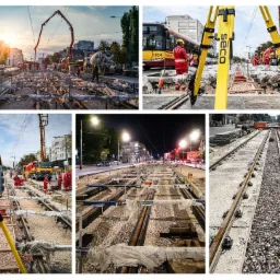 Mozaika zdjęć z budowy torowiska tramwajowego w mieście, z użyciem betonomieszarki, pomiarów geodezyjnych z użyciem żółtego statywu i teodolitu Trimble, widoczne szyny, tłuczeń i pracownicy...