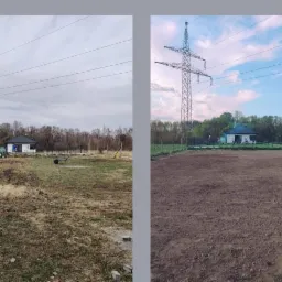 Porównanie terenu przed i po wyrównaniu, widoczne prace ziemne, przygotowanie podłoża pod przyszły trawnik, słup wysokiego napięcia w tle.