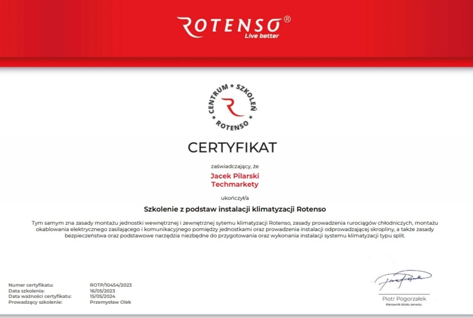 Skan certyfikatu ukończenia szkolenia z instalacji klimatyzacji Rotenso dla Jacka Pilarskiego z Techmarkety, z datą ważności do 15/05/2024, podpisany przez Piotra Pogorzałka.