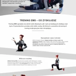 Strona internetowa firmy EMS Toruń, prezentująca trening personalny z elektrostymulacją mięśni, z widocznymi korzyściami dla osób aktywnych i z siedzącym trybem życia.