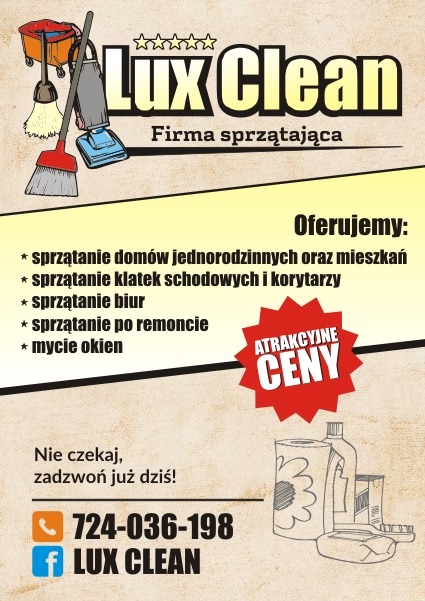Ilustracja reklamowa firmy sprzątającej Lux Clean z wizualizacjami sprzętu do sprzątania, ofertą usług i numerem telefonu.