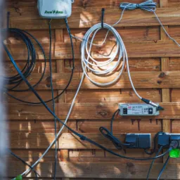 Sterownik nawadniania Rain Bird zamontowany na drewnianym płocie, z widocznymi kablami, zasilaczem i gniazdkami elektrycznymi.