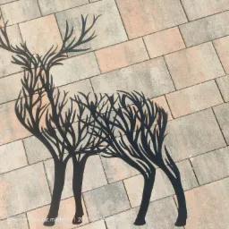 Metalowa sylwetka jelenia z porożem stylizowanym na drzewo, leżąca na kostce brukowej w odcieniach szarości i beżu.