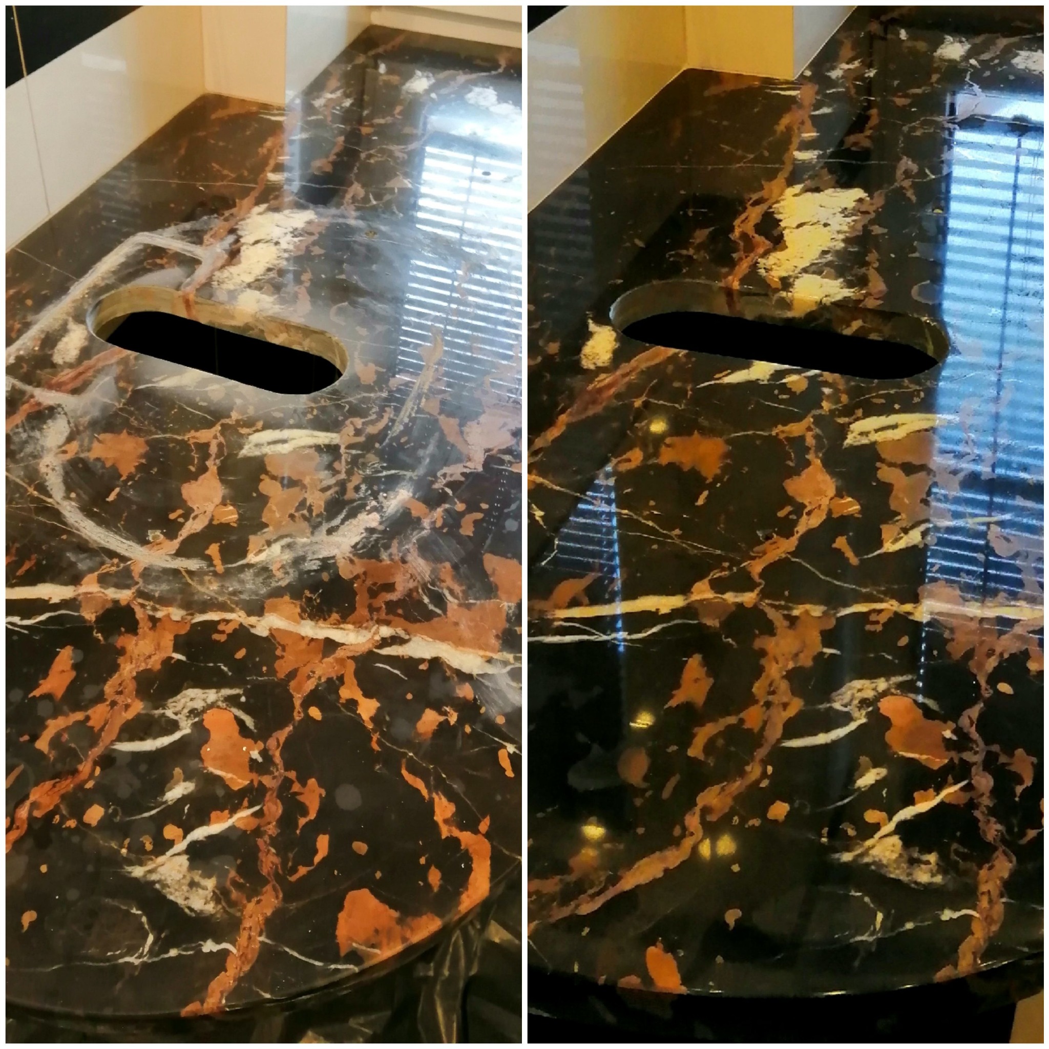 Porównanie przed i po czyszczeniu czarnego blatu z marmurowym wzorem, z wyciętym otworem na zlew, widoczne smugi po czyszczeniu po lewej stronie i odbicie okna po prawej stronie.