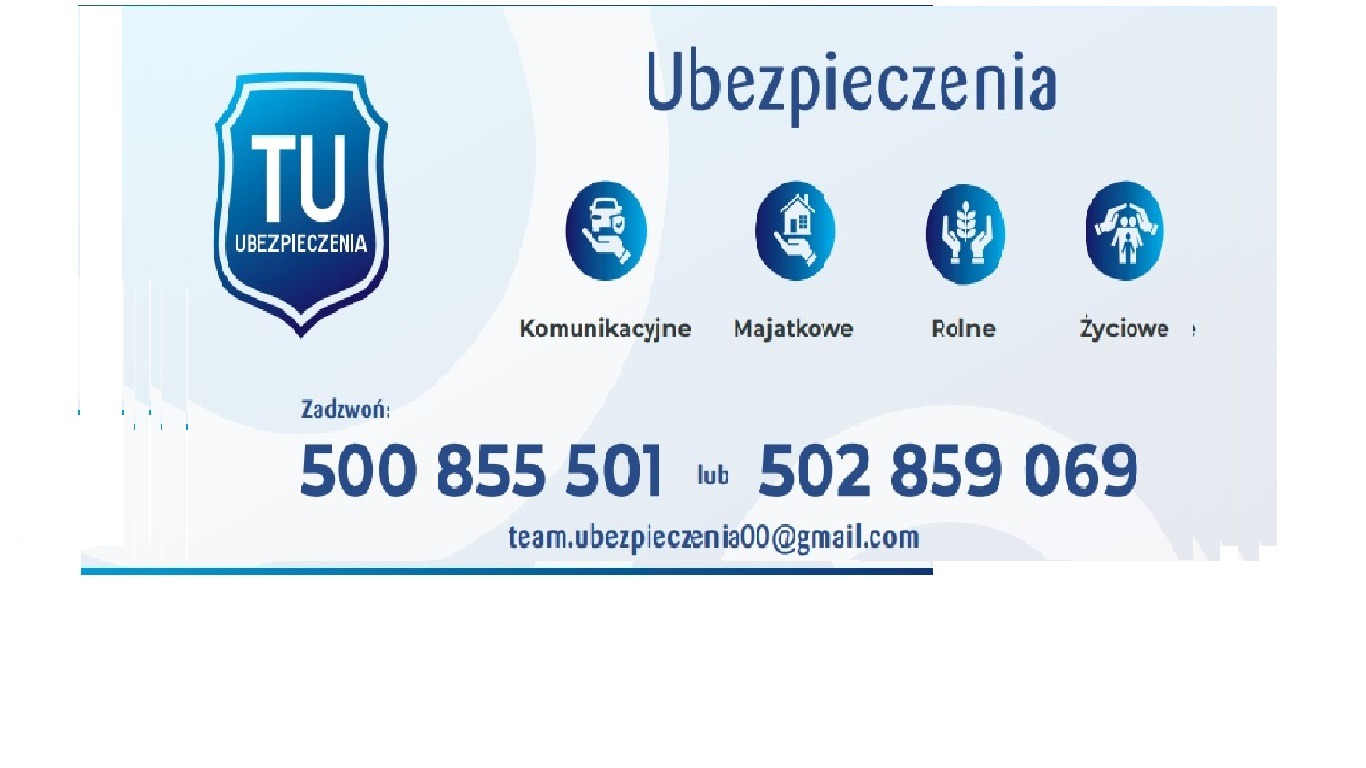 Grafika reklamowa firmy ubezpieczeniowej: logo TU Ubezpieczenia, ikony komunikacyjne, majątkowe, rolne, życiowe oraz numery telefonów i adres e-mail.