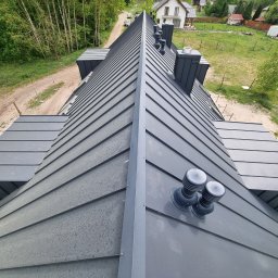 Usługi Ogólnobudowlane - Szary dach z blachy na domu jednorodzinnym, widok z góry, z kominami i wentylacją. W tle drzewa i inne budynki. Widoczne ślady po deszczu na dachu.