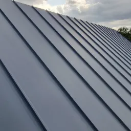 Szare, metalowe panele dachowe z widocznymi łączeniami na nowym dachu, w tle drzewa i pochmurne niebo.