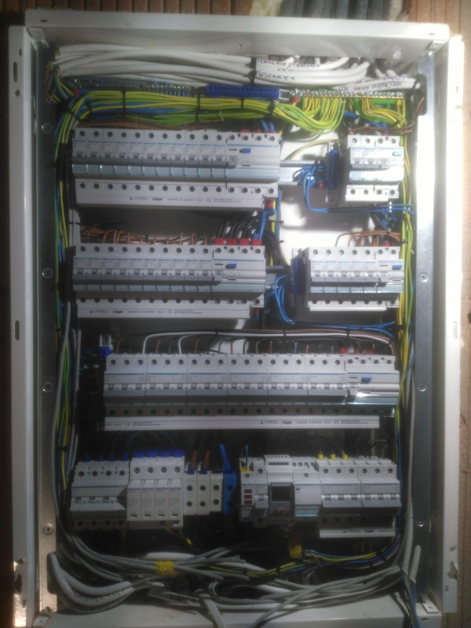 Rozdzielnica elektryczna z zainstalowanymi bezpiecznikami i okablowaniem, widoczne opisy przewodów na górze szafki.