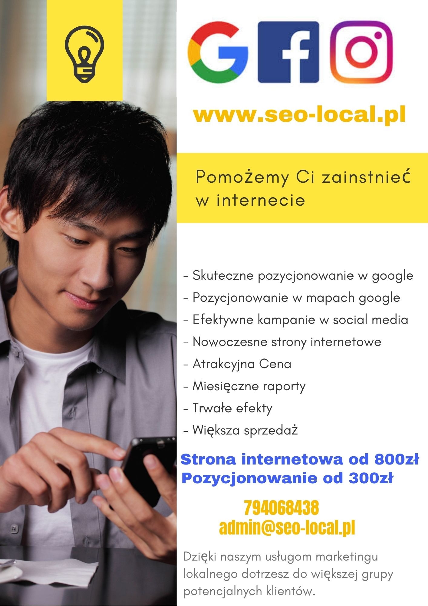 Mężczyzna przegląda ofertę seo-local.pl na smartfonie, z widocznymi ikonami Google, Facebooka i Instagrama oraz hasłami o skutecznym pozycjonowaniu i nowoczesnych stronach internetowych.