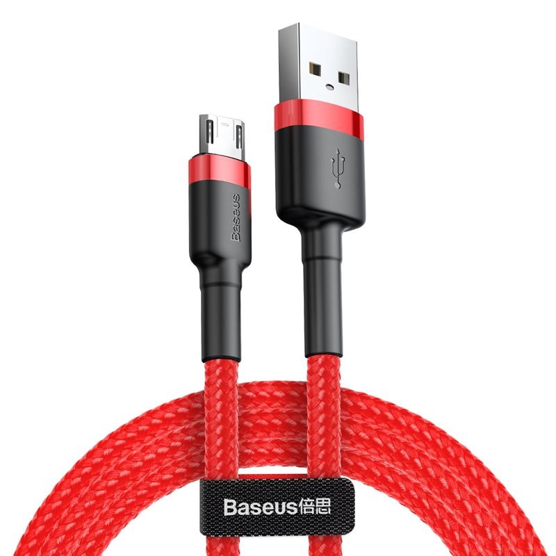 Czerwony kabel USB z logo Baseus, widoczne złącza micro USB i USB-A, na białym tle.