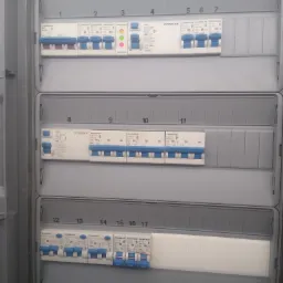 Otwarta skrzynka elektryczna z zainstalowanymi bezpiecznikami różnicowoprądowymi i nadprądowymi marki Schrack, widoczne oznaczenia na obudowie i elementach, numery identyfikacyjne na górze.