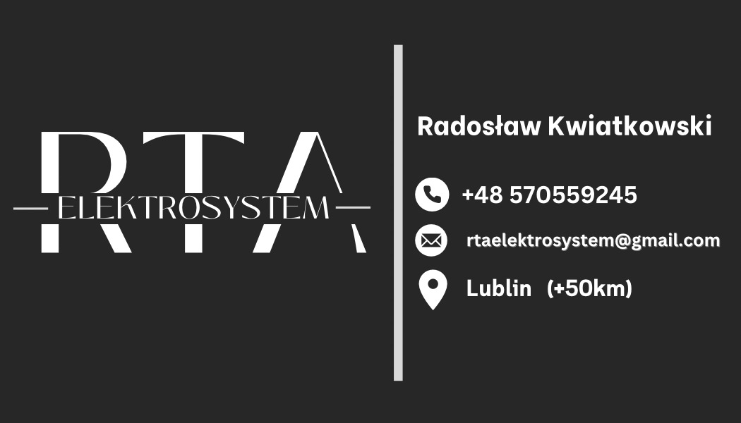 Wizytówka firmy RTA Elektrosystem z Lublina, kontakt telefoniczny i email