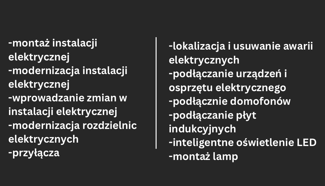Lista usług elektrycznych, w tym montaż i modernizacja instalacji, przyłącza, lokalizacja i usuwanie awarii, podłączanie urządzeń, domofonów, płyt indukcyjnych, inteligentne oświetlenie LED...