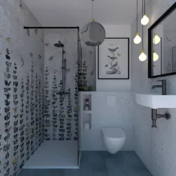 Nowoczesna łazienka z prysznicem typu walk-in, betonową ścianą z motywem motyli, wiszącą toaletą, umywalką z czarną armaturą, okrągłym lustrem i lampami wiszącymi.