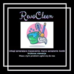 Ilustracja logo firmy sprzątającej RevoCleen, przedstawiająca wiadro z płynem, szczotkę i mop na różowym tle, z tekstem 'Usługi sprzątające: Czyszczenie, mycie, sprzątanie, kostki brukowe, elewacje...